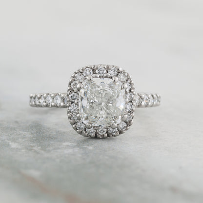 Amaura 3-1/7 ct. tw. Cushion Diamond Halo Engagement Ring in Platinum close-up detail