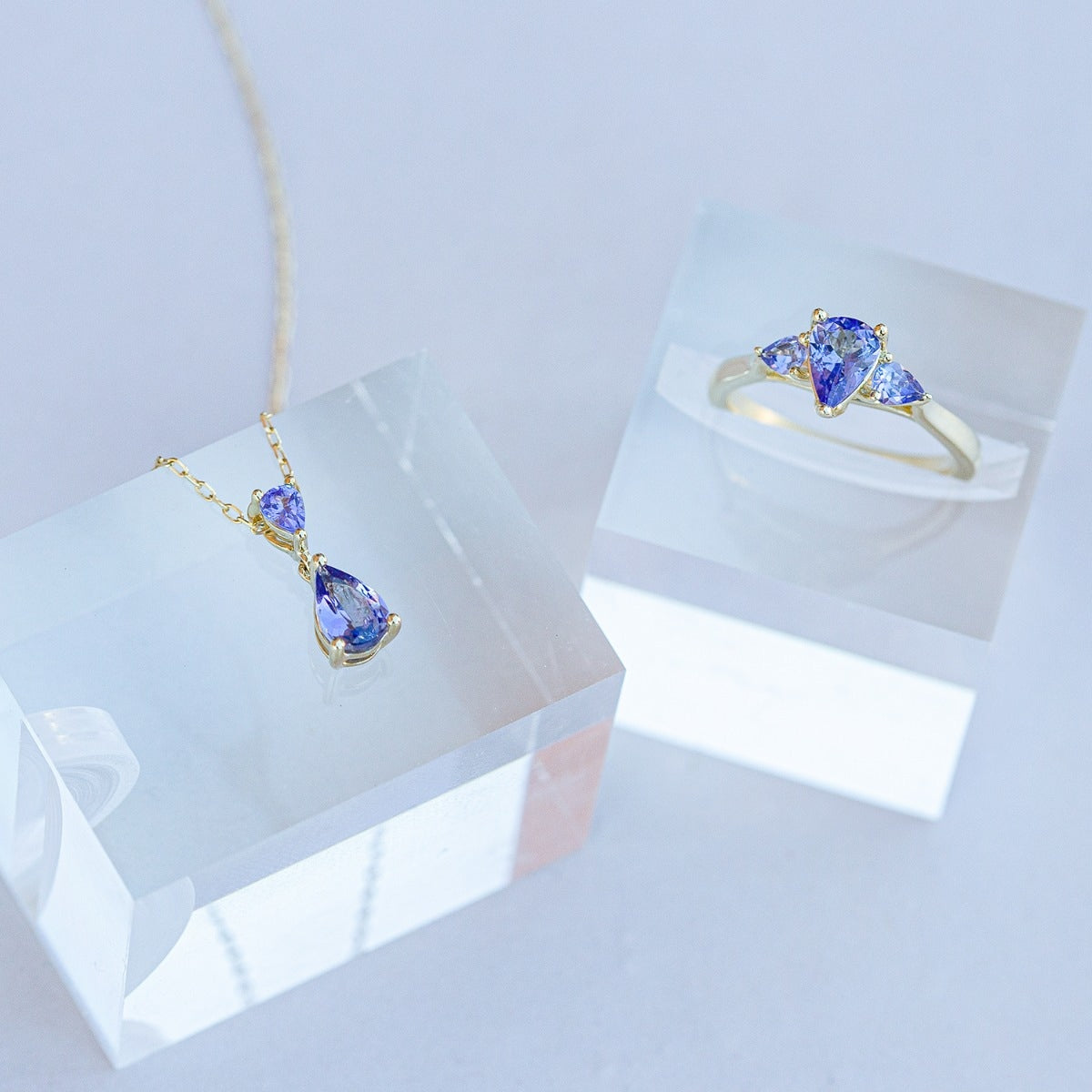 Pear 2-Stone Tanzanite Drop Pendant in 10K Yellow Gold close-up detail