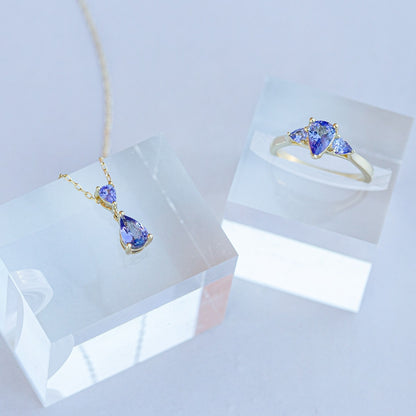 Pear 2-Stone Tanzanite Drop Pendant in 10K Yellow Gold close-up detail