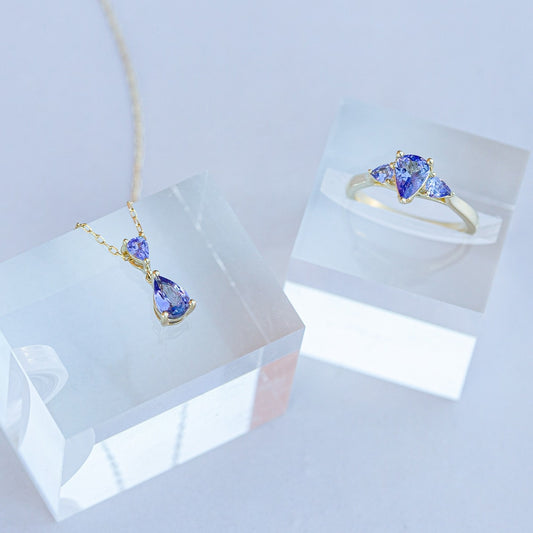 Pear 2-Stone Tanzanite Drop Pendant in 10K Yellow Gold close-up detail