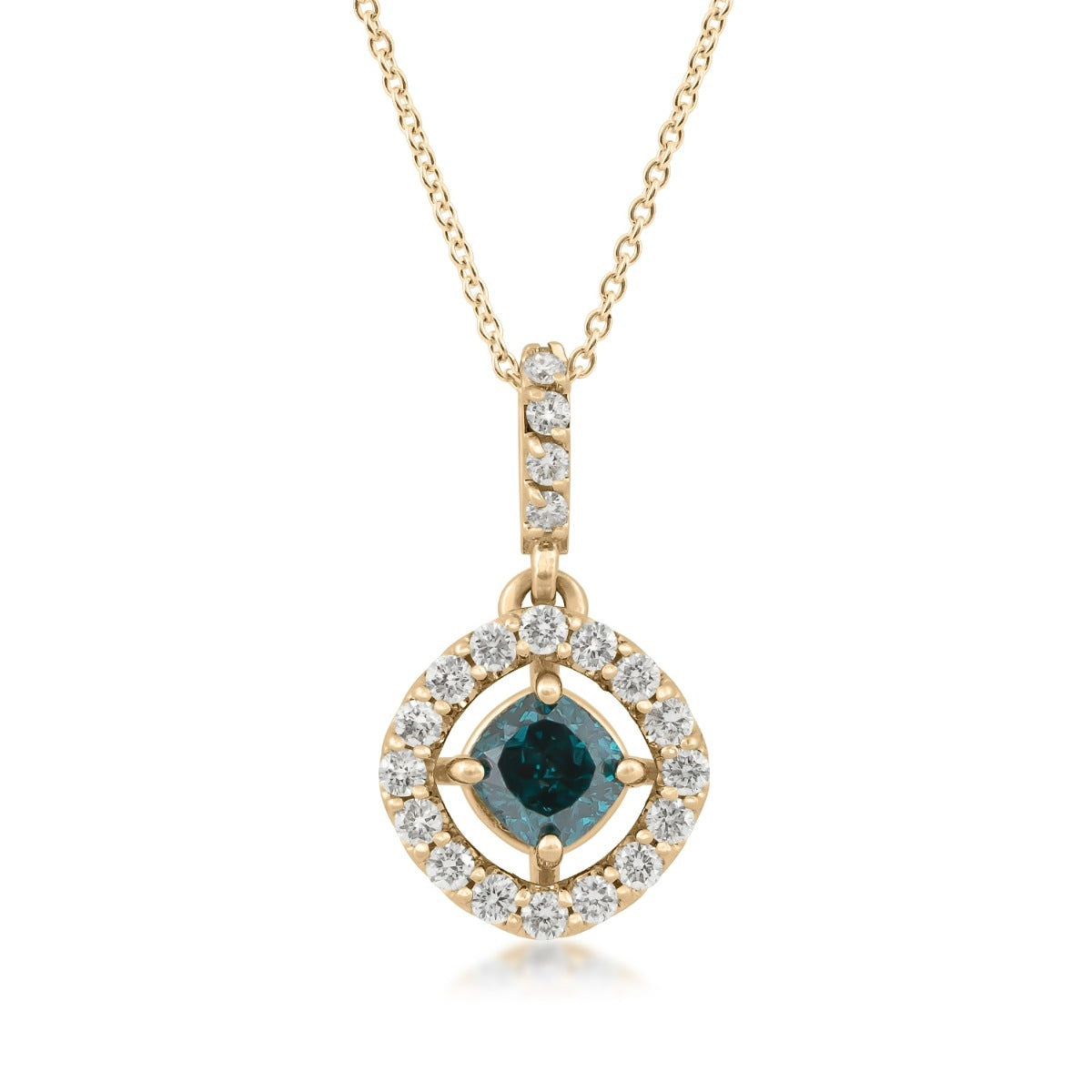7/8 ct. tw. Cushion Treated Blue Diamond Floating Halo Pendant in 14K Yellow Gold