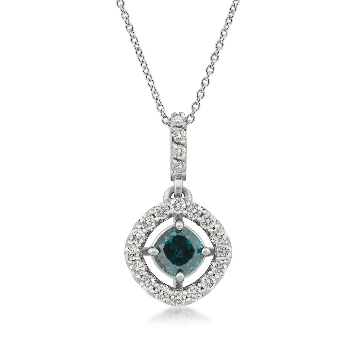 7/8 ct. tw. Cushion Treated Blue Diamond Floating Halo Pendant in 14K White Gold