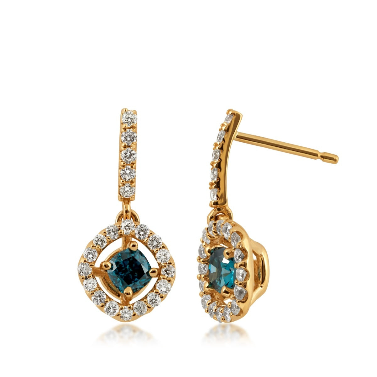 1 ct. tw. Cushion Treated Blue Diamond Floating Halo Drop Earrings in 14K Yellow Gold