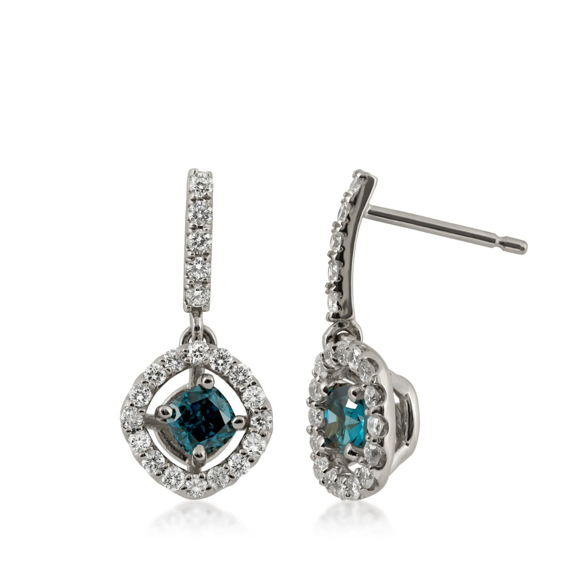 1 ct. tw. Cushion Treated Blue Diamond Floating Halo Drop Earrings in 14K White Gold