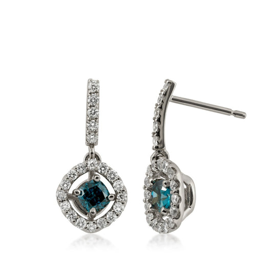 1 ct. tw. Cushion Treated Blue Diamond Floating Halo Drop Earrings in 14K White Gold