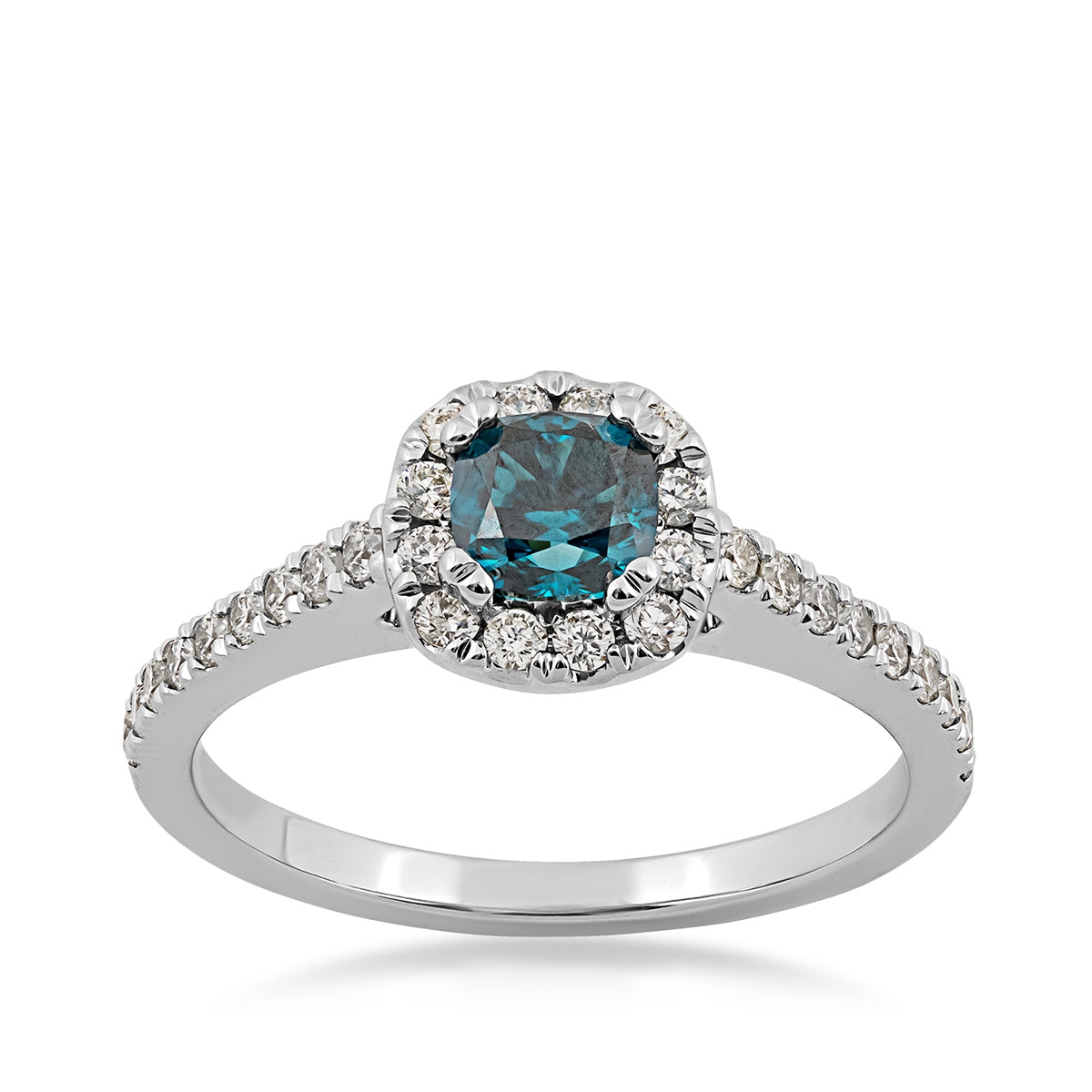 9/10 ct. tw. Cushion Treated Blue & White Diamond Halo Engagement Ring in 14K White Gold