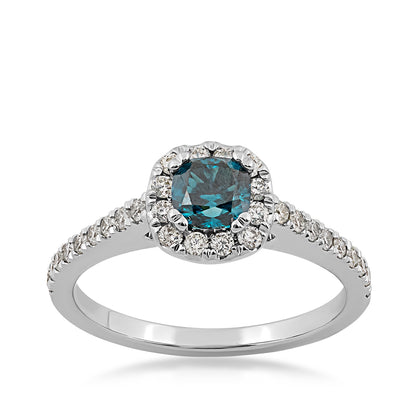 9/10 ct. tw. Cushion Treated Blue & White Diamond Halo Engagement Ring in 14K White Gold