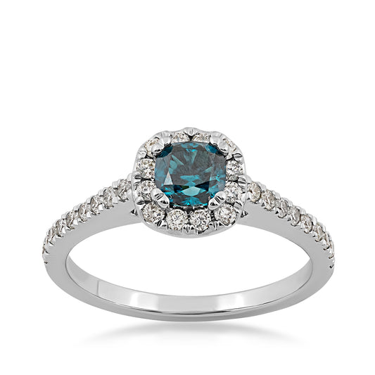 9/10 ct. tw. Cushion Treated Blue & White Diamond Halo Engagement Ring in 14K White Gold