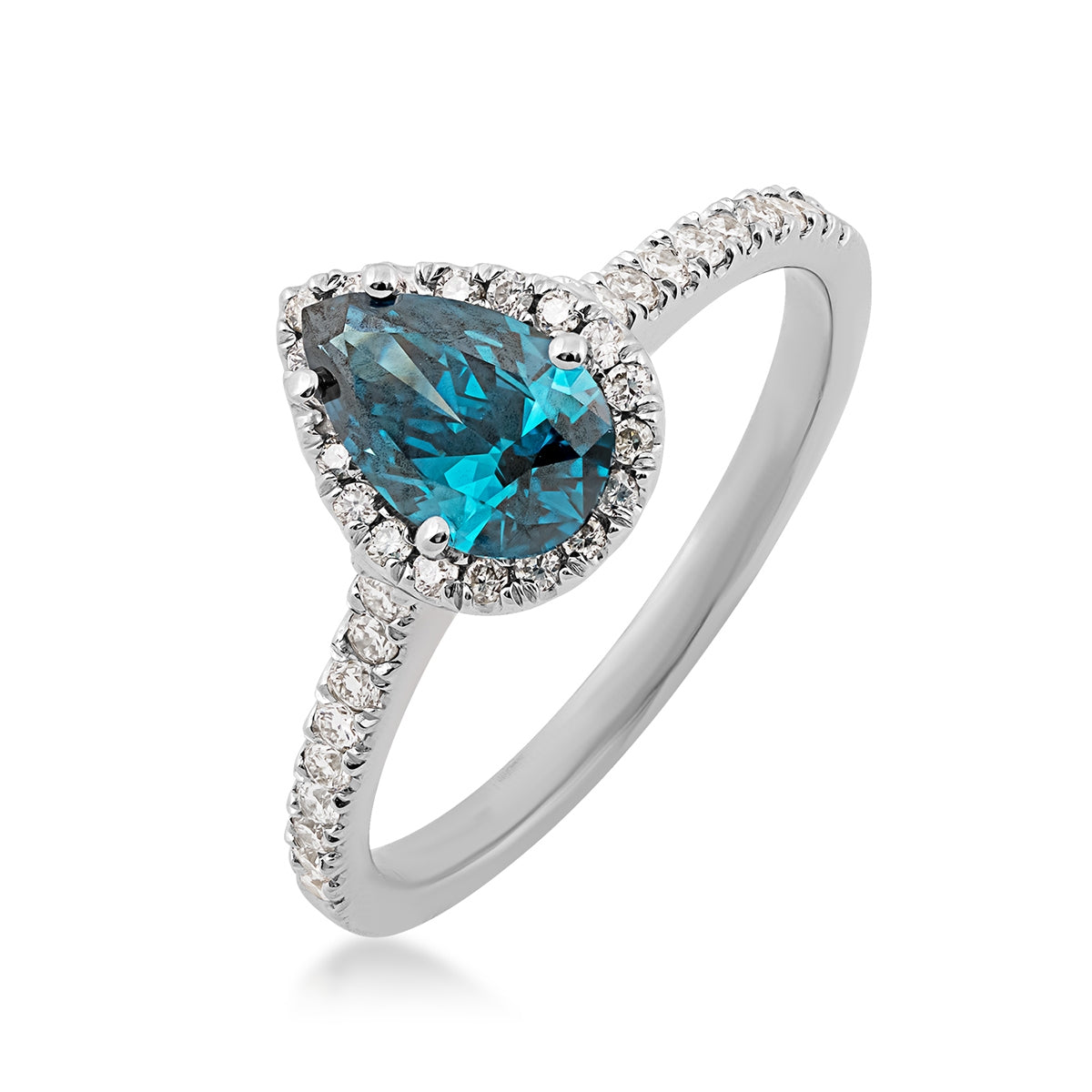 1 ct. tw. Pear Treated Blue & White Diamond Halo Engagement Ring in 14K White Gold front view