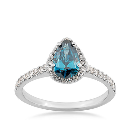 1 ct. tw. Pear Treated Blue & White Diamond Halo Engagement Ring in 14K White Gold