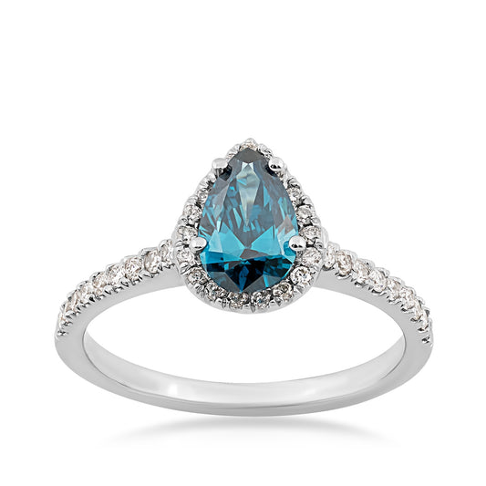 1 ct. tw. Pear Treated Blue & White Diamond Halo Engagement Ring in 14K White Gold