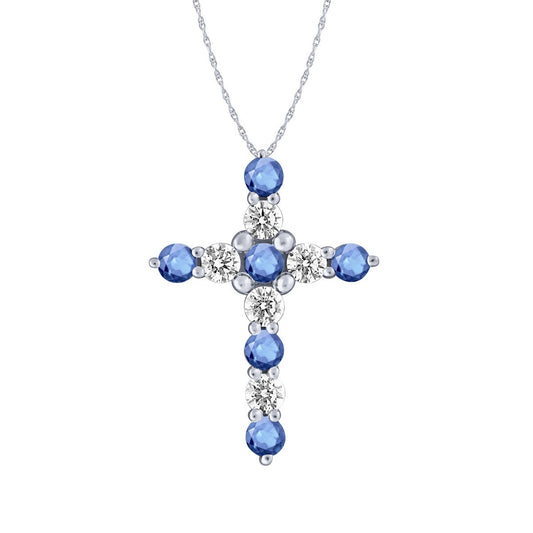 Yogo Sapphire & 1/4 ct. tw. Diamond Cross Pendant in 14K White Gold