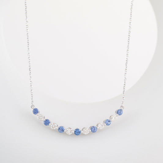 Yogo Sapphire & 1/4 ct. tw. Diamond Curved Bar Necklace in 14K White Gold front view