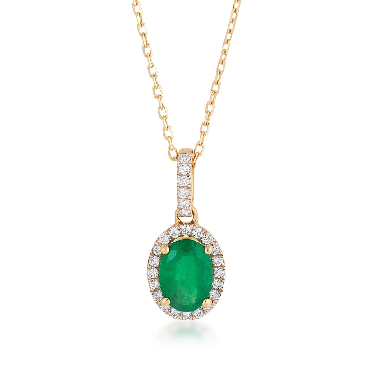 Oval Emerald & 1/8 ct. tw. Diamond Halo Pendant in 14K Yellow Gold