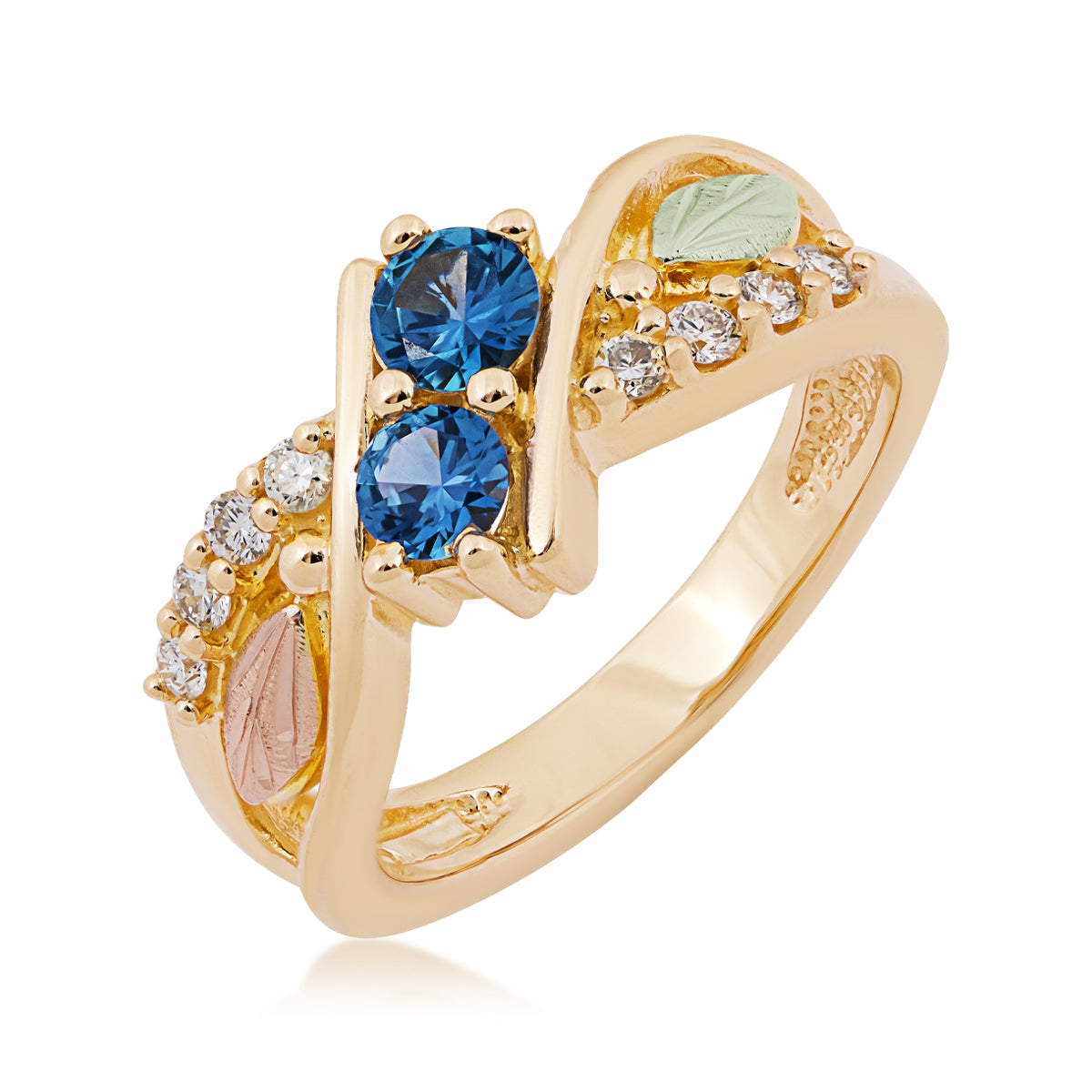 Black Hills Gold Round 2-Stone Yogo Sapphire & 1/6 ct. tw. Diamond Ring in 10K Yellow Gold front view