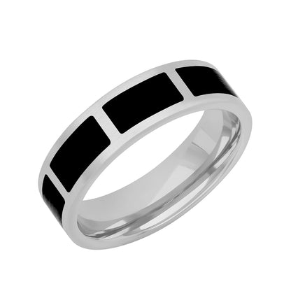 Men's Segmented Black Ceramic Inlay Wedding Ring in 14K White Gold front view