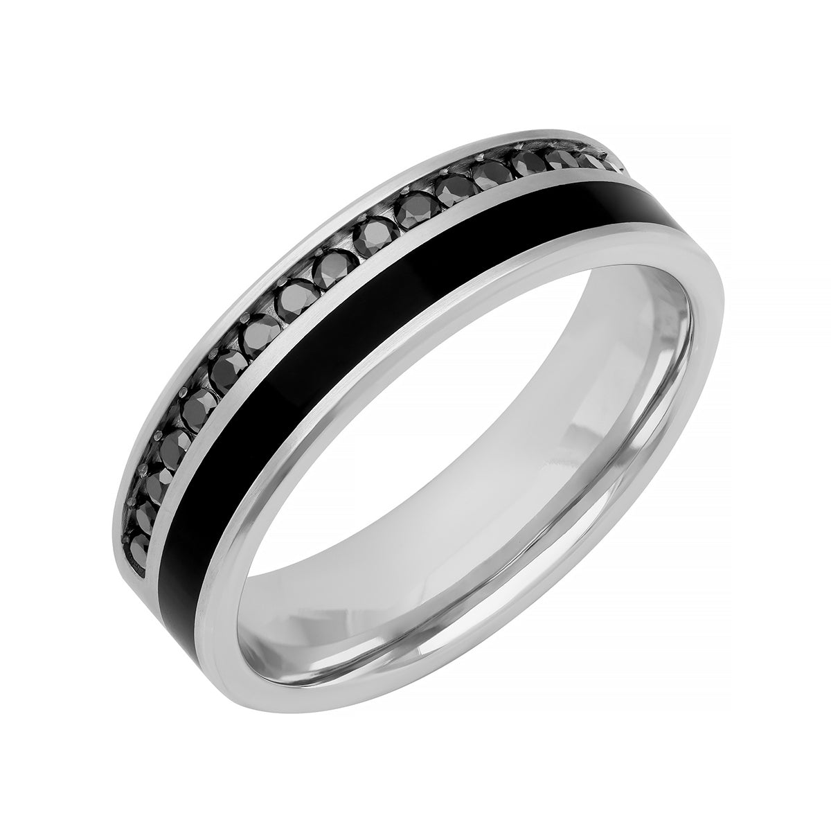 3/8 ct. tw. Men's Treated Black Diamond & Black Ceramic Inlay Wedding Ring in 14K White Gold front view