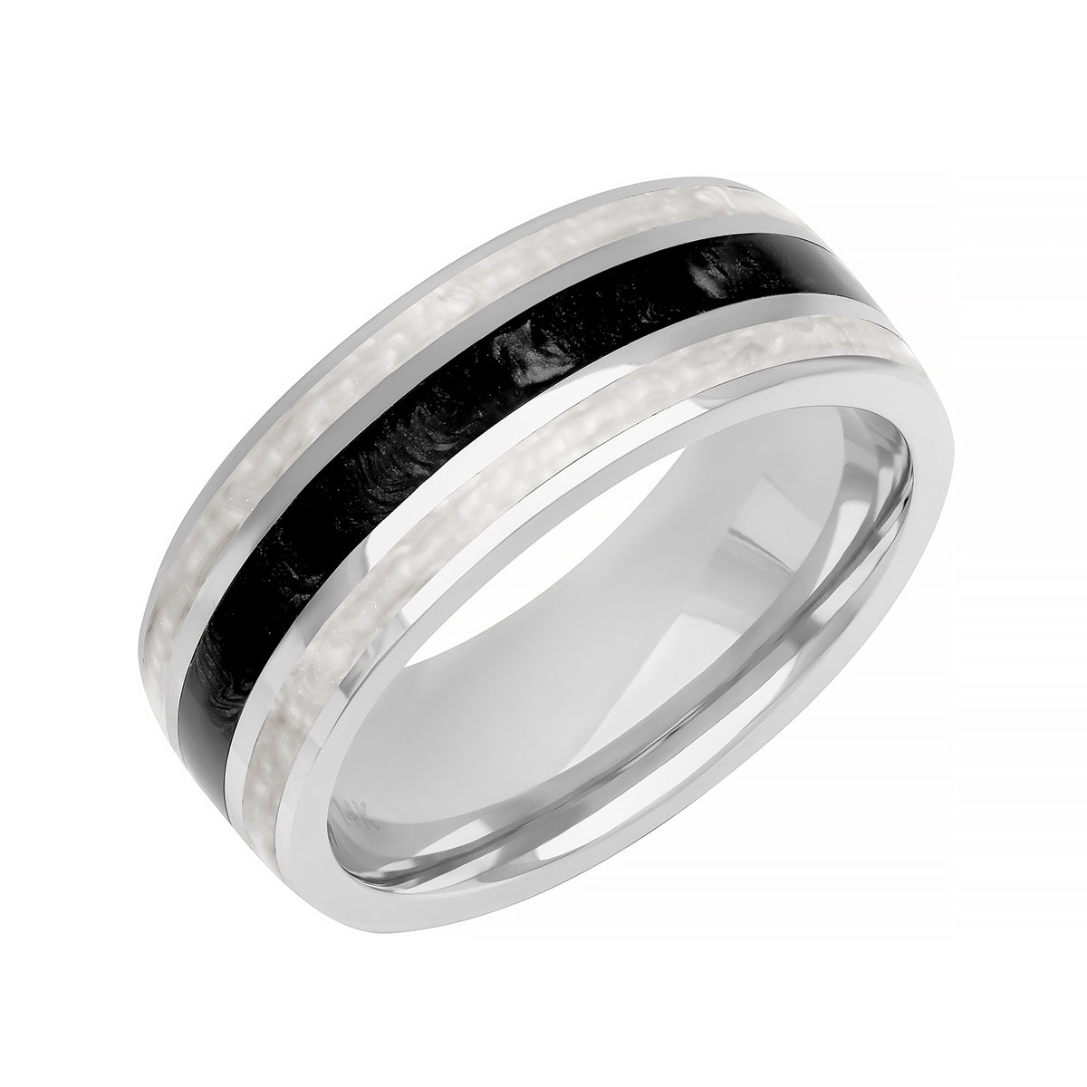 Men's Pearl Inspired White & Black Ceramic Inlay Wedding Ring in 14K White Gold front view