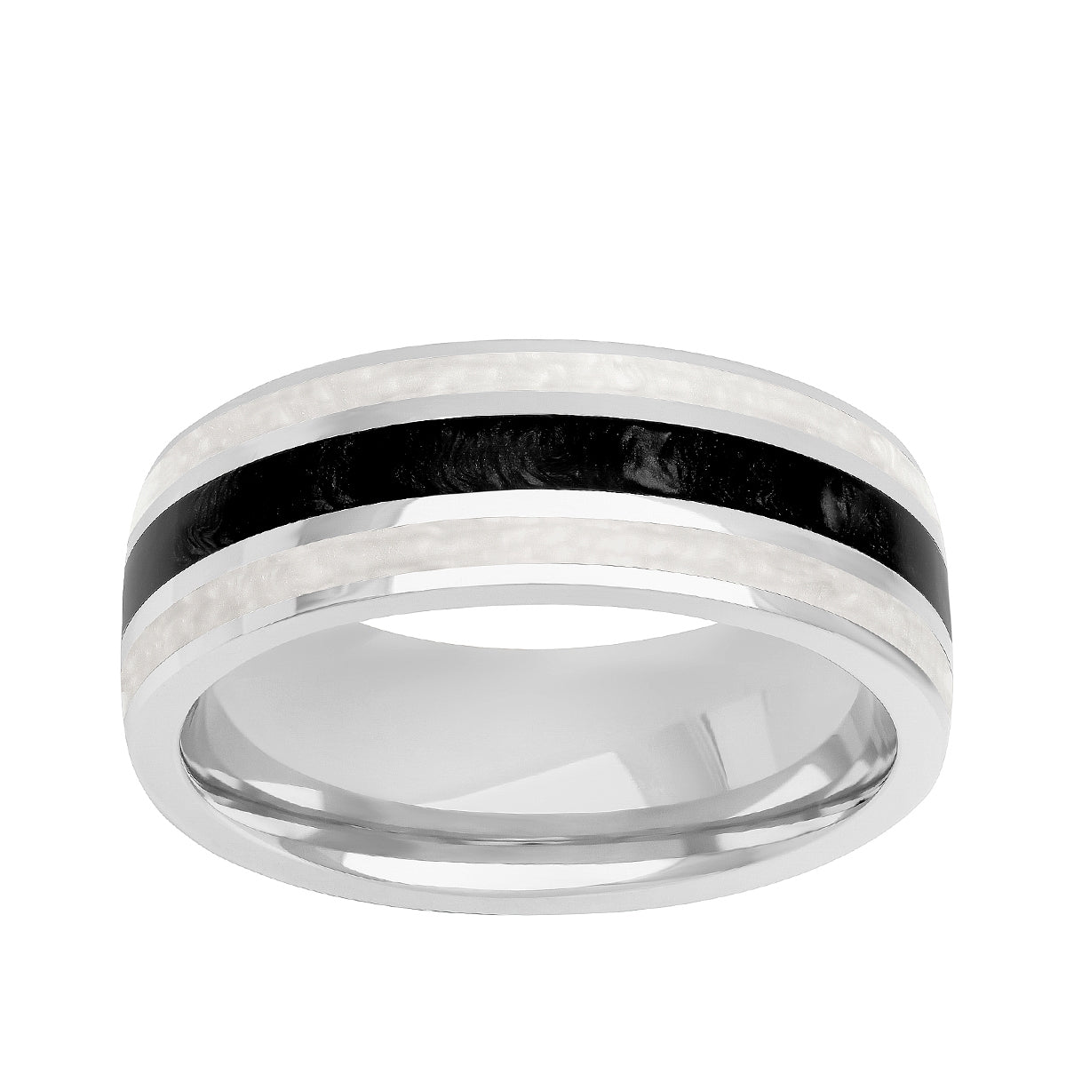 Men's Pearl Inspired White & Black Ceramic Inlay Wedding Ring in 14K White Gold