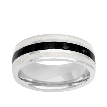 Men's Pearl Inspired White & Black Ceramic Inlay Wedding Ring in 14K White Gold
