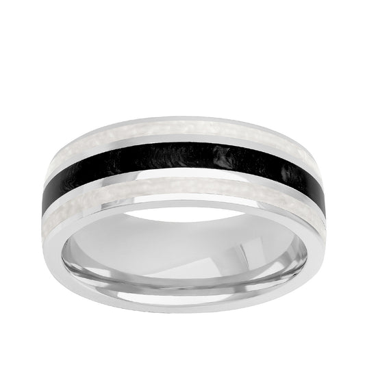 Men's Pearl Inspired White & Black Ceramic Inlay Wedding Ring in 14K White Gold