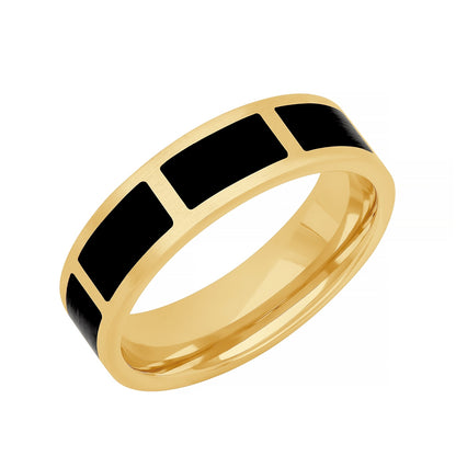 Men's Segmented Black Ceramic Inlay Wedding Ring in 14K Yellow Gold front view
