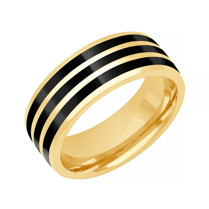 Men's Triple Black Ceramic Inlay Striped Wedding Ring in 14K Yellow Gold front view