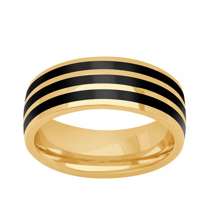 Men's Triple Black Ceramic Inlay Striped Wedding Ring in 14K Yellow Gold