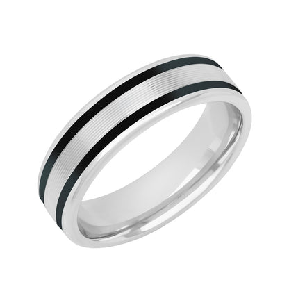 Men's Double Black Ceramic Inlay Grooved Center Wedding Ring in 14K White Gold front view