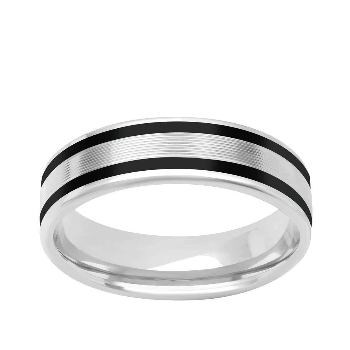 Men's Double Black Ceramic Inlay Grooved Center Wedding Ring in 14K White Gold