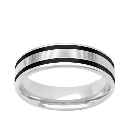 Men's Double Black Ceramic Inlay Grooved Center Wedding Ring in 14K White Gold