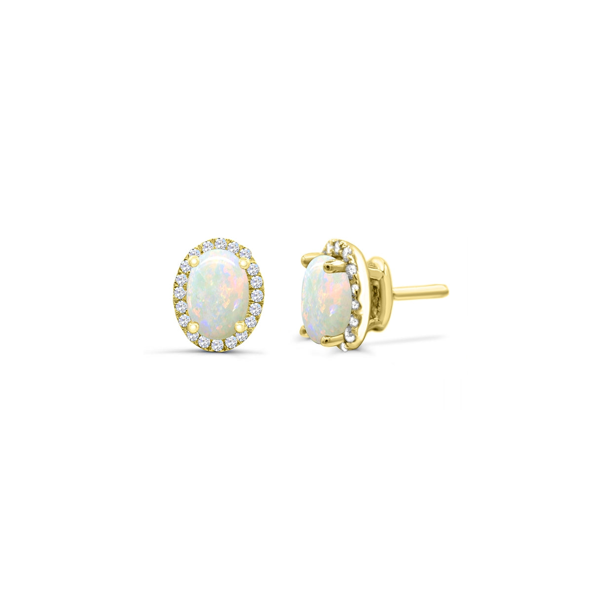 Oval Opal & 1/8 ct. tw. Diamond Halo Earrings in 14K Yellow Gold