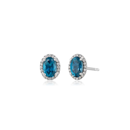 Oval London Blue Topaz & 1/8 ct. tw. Diamond Halo Earrings in 14K White Gold