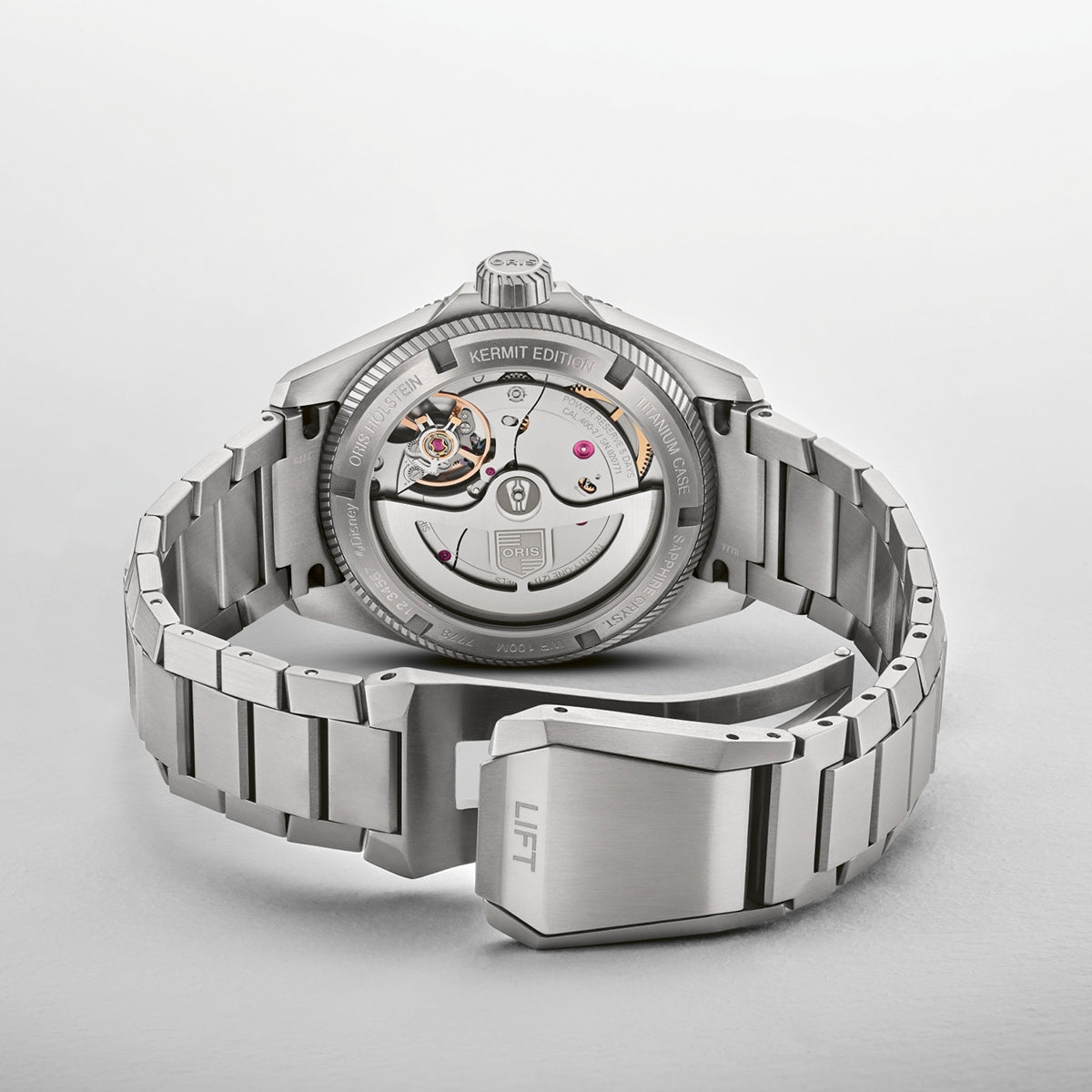 Oris Men's ProPilot & Kermit the Frog Automatic Titanium Watch with Green Dial close-up detail