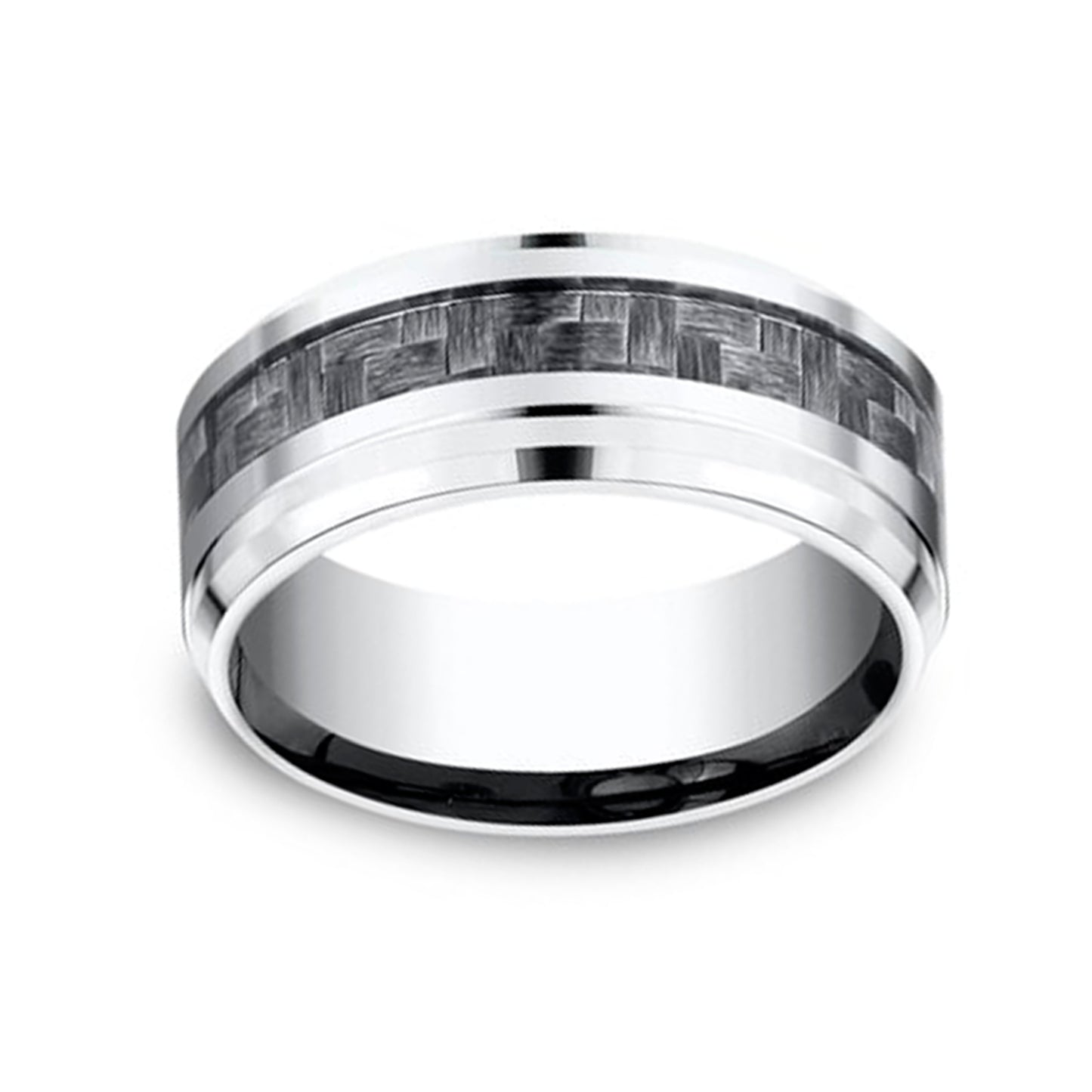 BENCHMARK Men's 9MM Chrome Cobalt Wedding Band with Matte Carbon Fiber Inlay