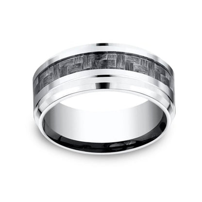 BENCHMARK Men's 9MM Chrome Cobalt Wedding Band with Matte Carbon Fiber Inlay