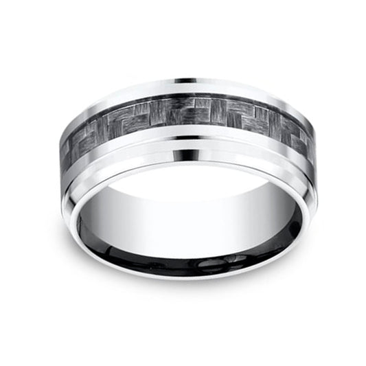 BENCHMARK Men's 9MM Chrome Cobalt Wedding Band with Matte Carbon Fiber Inlay