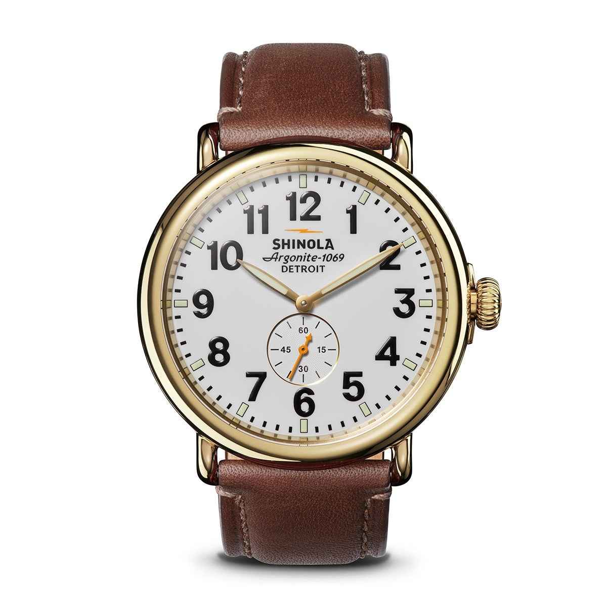 Shinola Men's Runwell Quartz Gold-Tone Stainless Steel Watch with White Dial & Brown Leather Strap