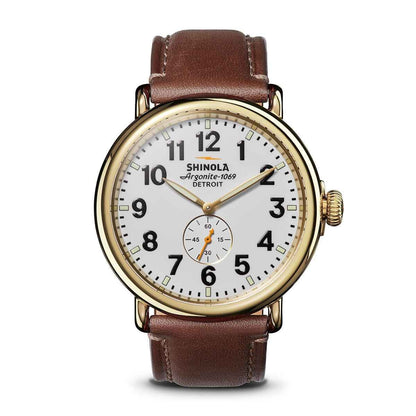 Shinola Men's Runwell Quartz Gold-Tone Stainless Steel Watch with White Dial & Brown Leather Strap