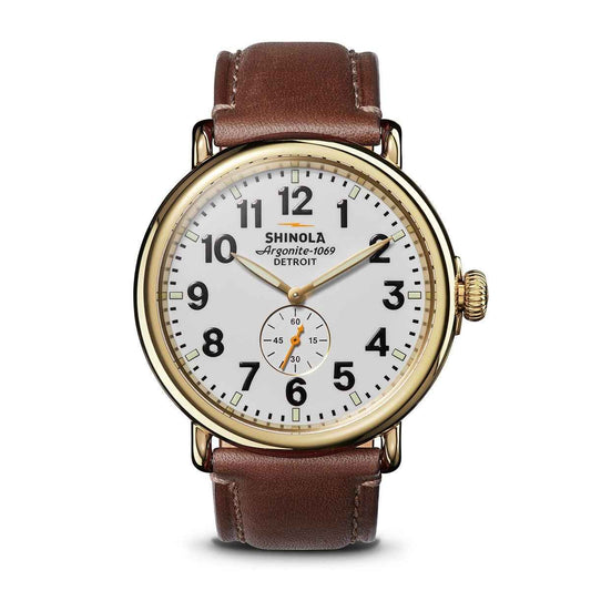 Shinola Men's Runwell Quartz Gold-Tone Stainless Steel Watch with White Dial & Brown Leather Strap