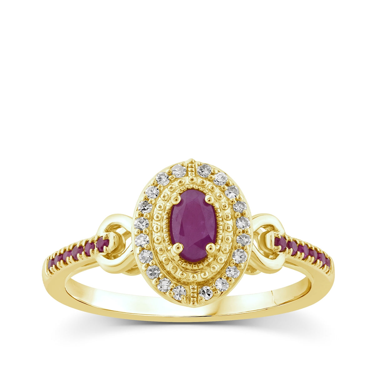 Oval Ruby & 1/10 ct. tw. Diamond Halo Milgrain Ring in 10K Yellow Gold