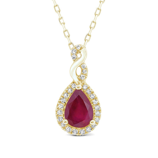 Infinite Love Pear Ruby & 1/10 ct. tw. Diamond Halo Twist Pendant in 10K Yellow Gold