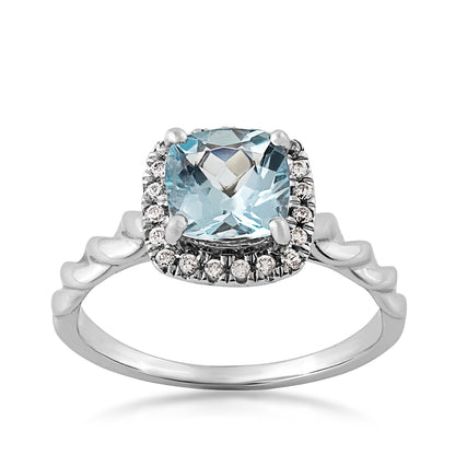 Cushion Aquamarine & 1/6 ct. tw. Diamond Halo Ring in 10K White Gold