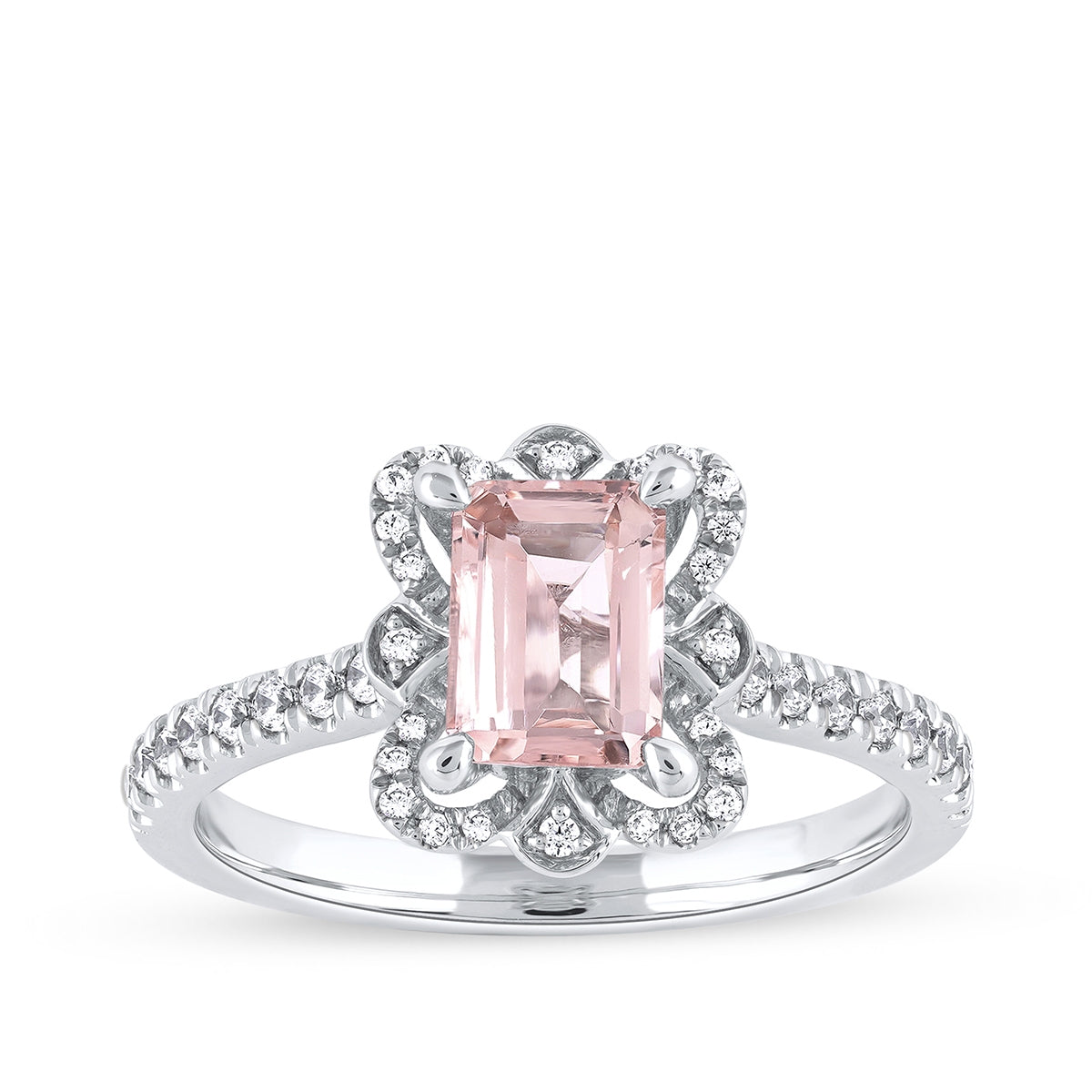 Emerald Cut Morganite & 1/4 ct. tw. Diamond Floral Halo Ring in 10K White Gold
