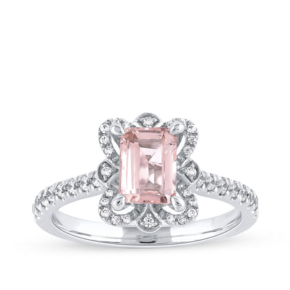 Emerald Cut Morganite & 1/4 ct. tw. Diamond Floral Halo Ring in 10K White Gold