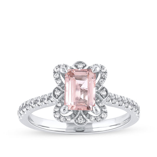 Emerald Cut Morganite & 1/4 ct. tw. Diamond Floral Halo Ring in 10K White Gold