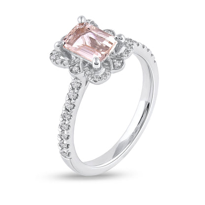 Emerald Cut Morganite & 1/4 ct. tw. Diamond Floral Halo Ring in 10K White Gold front view