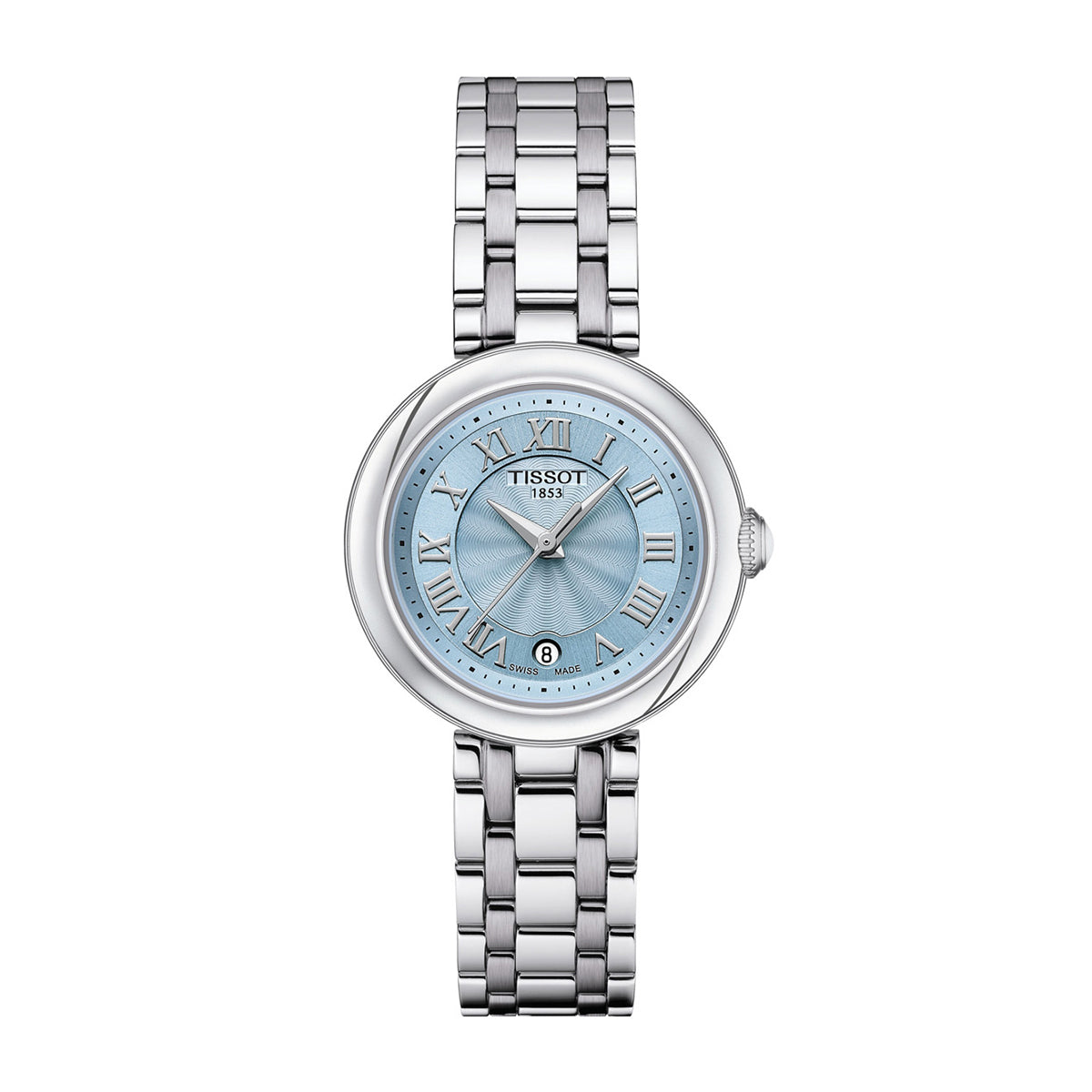 stainless steel ladies' Tissot Bellissima quartz watch with blue dial
