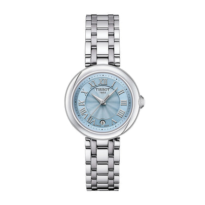stainless steel ladies' Tissot Bellissima quartz watch with blue dial