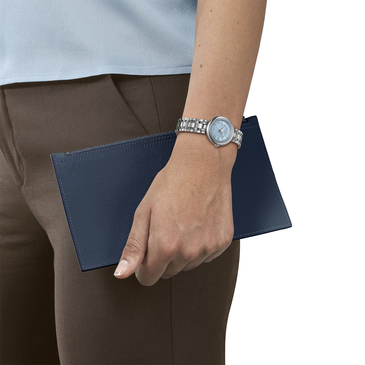 stainless steel ladies' Tissot Bellissima quartz watch with blue dial